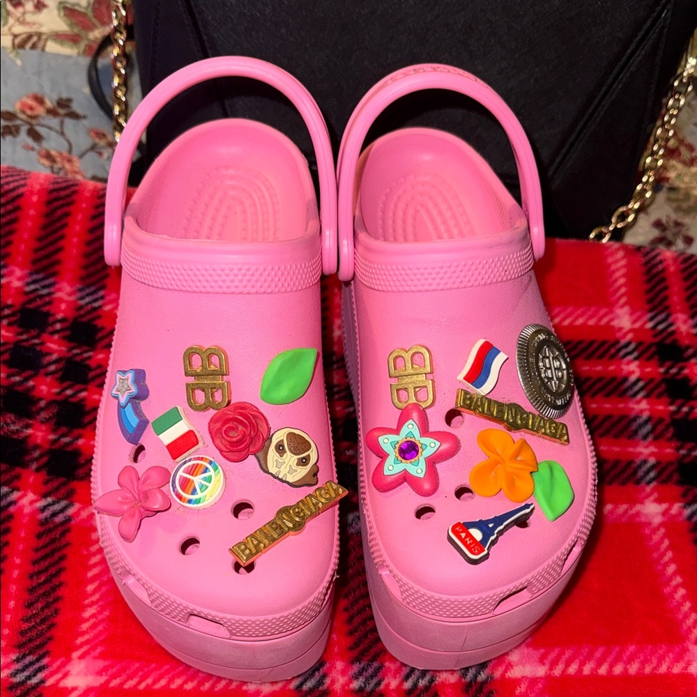 Balenciaga Pink Platform Clogs with Colorful Charms